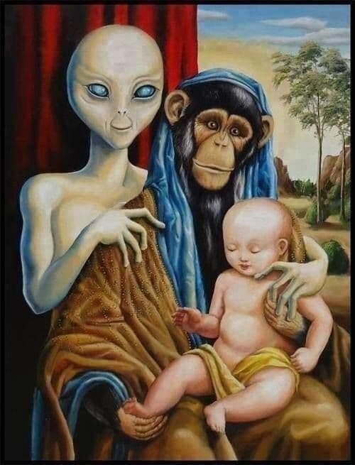 a renaissance-style painting of an alien and a primate presenting a human baby